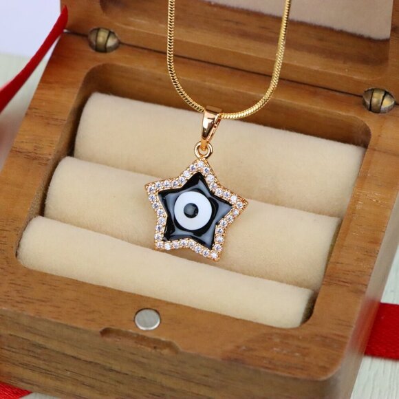 "Rose Gold Star Pendant with Black Evil Eye and CZ Accents, XPPT1380 - Picture 6 of 12